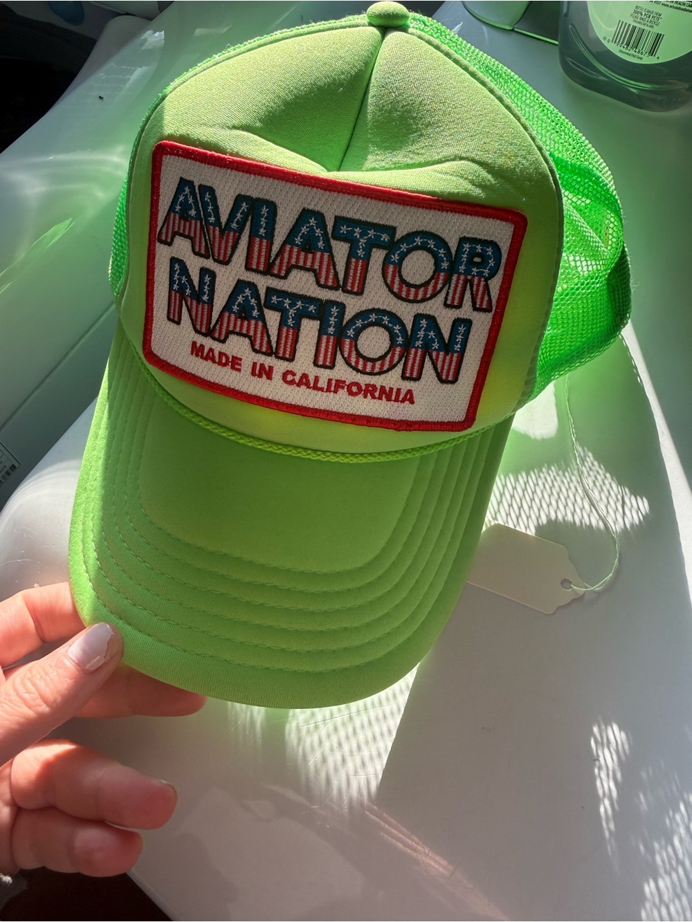 Aviator Nation Neon Green Trucker Hat with Patriotic Patch